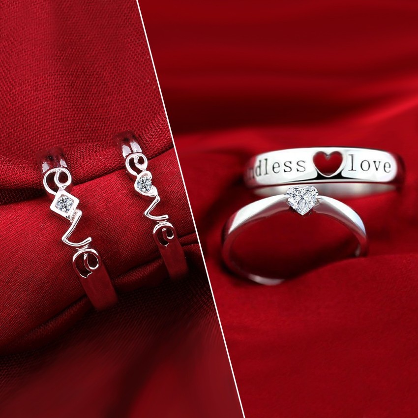 Adjustable Couple Rings Set For Lovers Silver Plated Solitaire For