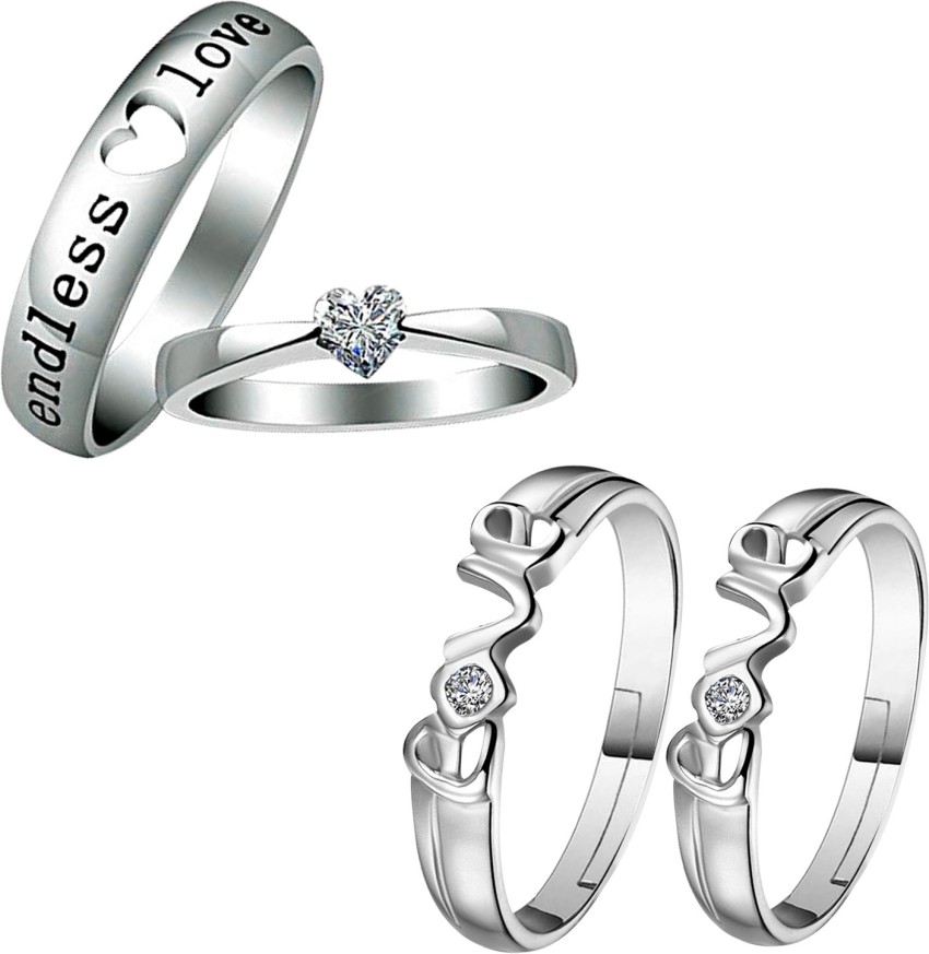 Adjustable Couple Rings Set For Lovers Silver Plated Solitaire For