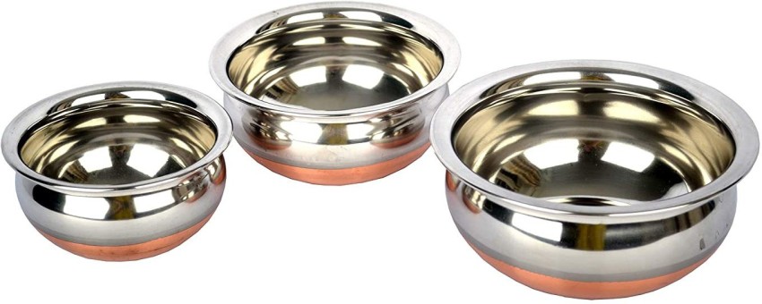 Dinner Set Stainless Steel Copper Bottom Handi Pot Pan 3 Piece Set  Combo/Steel 3 Handi Set ( Induction Bottom)