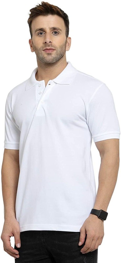 Lv Creation Solid Men Polo Neck White T-shirt