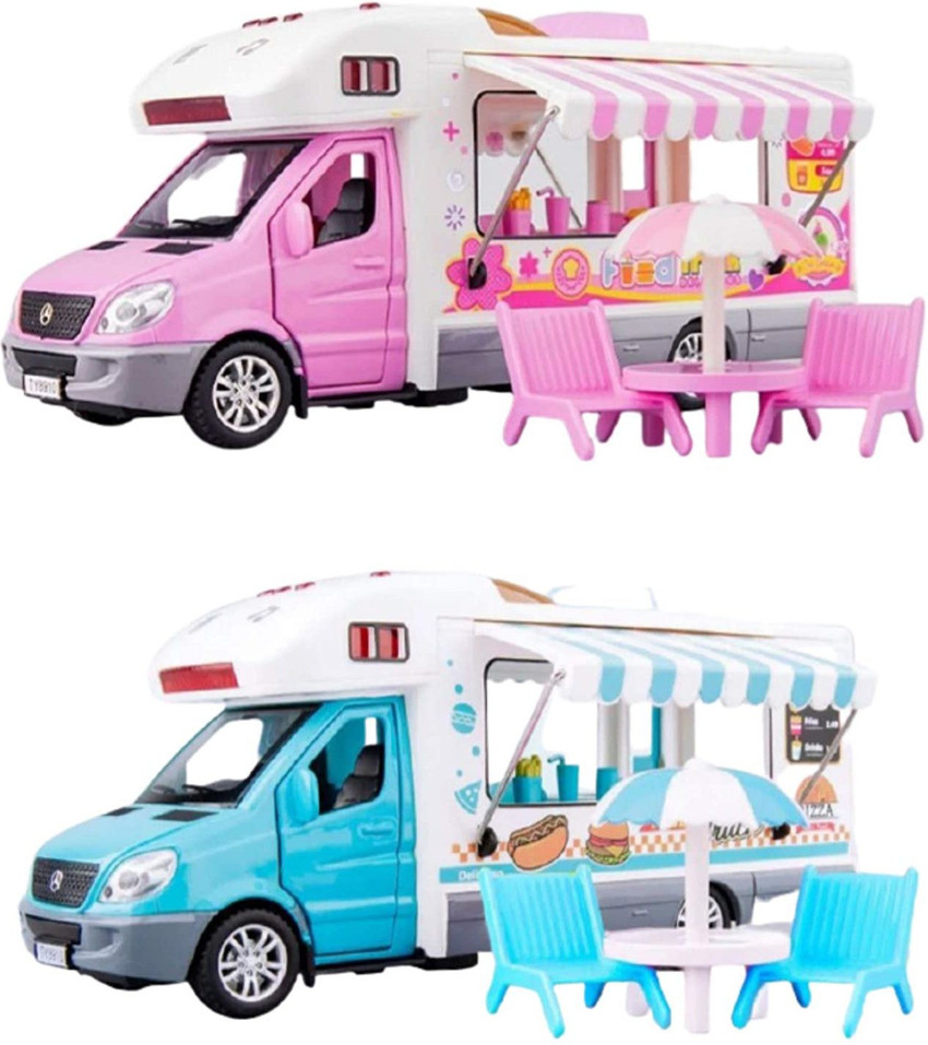 Kiti Kits Food Trucks Vehicle Food Truck Die Cast 4 Wheel Drive Metal Car Pull Backwith 3 Openable Doors 2 Chairs Table Set Front and Rear Light Music for Kids Food