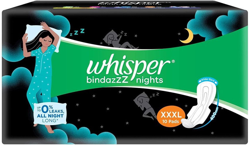 Buy Whisper Bindazzz Night Thick XXXL Sanitary Pads For Upto 0% Leaks - 75%  Longer, 10 Heavy Flow Pads Online