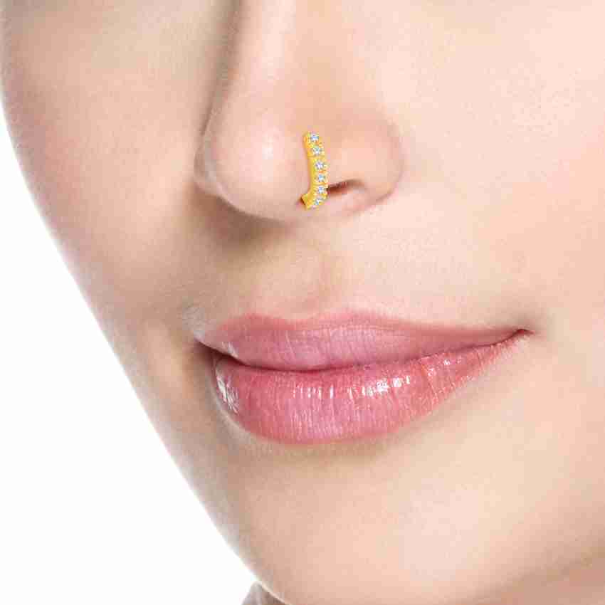 VSHINE FASHION JEWELLERY Vibrant Pressing NoseRing Traditional White Stone Studded American Diamond Gold Rhodium Plated Stylish Fancy Nose Pin Ring Fashion Jewellery Set for Women and Girls Cubic Zirc...