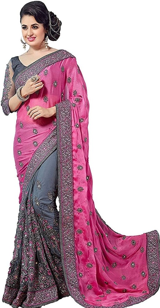 Buy NILOK FASHION Embroidered Bollywood Net Art Silk Pink Grey Sarees Online Best Price In India Flipkart