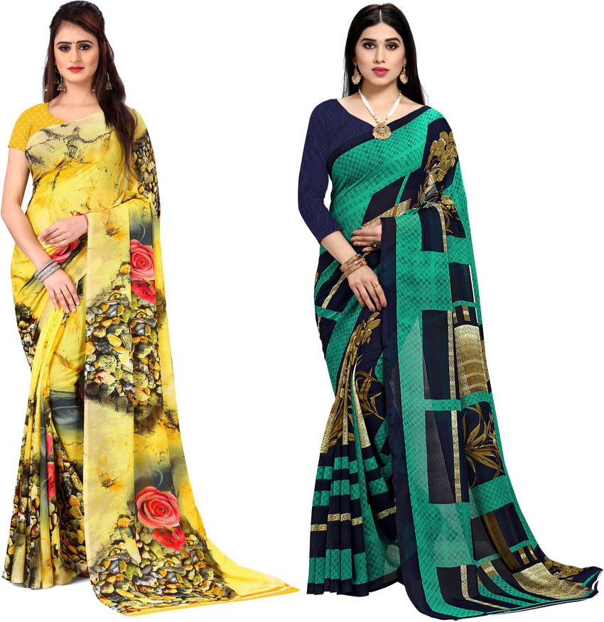 Buy Anand Printed Daily Wear Georgette Dark Green Yellow Sarees Online Best Price In India Flipkart