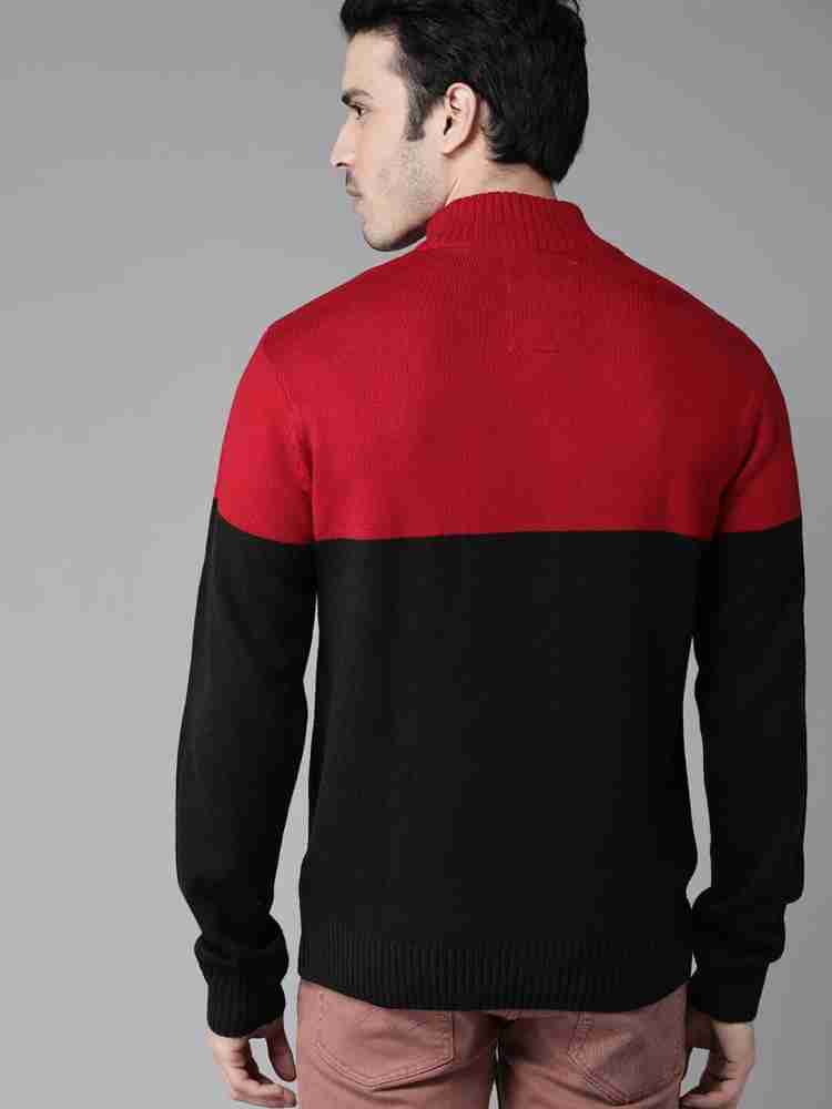 Roadster Self Design High Neck Casual Men Black, Red Sweater - Buy