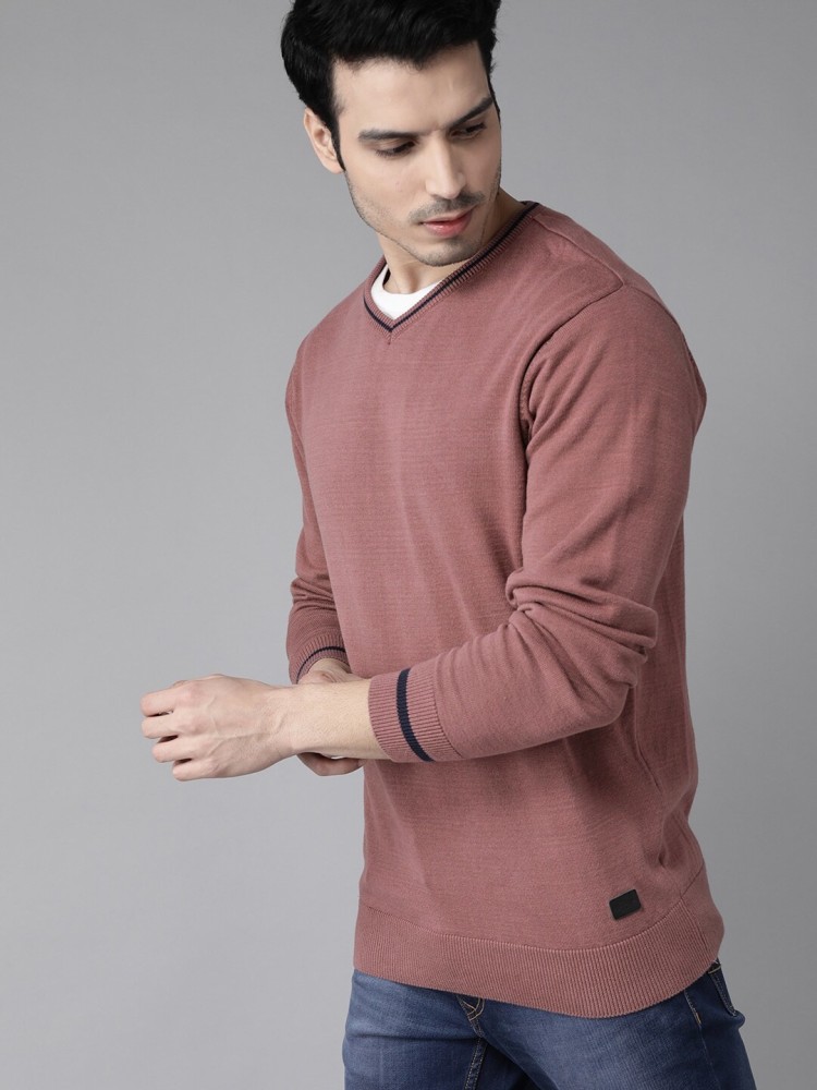 Roadster Solid V Neck Casual Men Pink Sweater - Buy Roadster Solid V Neck  Casual Men Pink Sweater Online at Best Prices in India