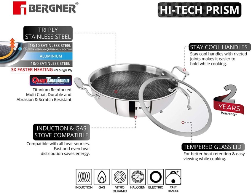 Bergner Hitech Triply Stainless Steel Scratch Resistant Non Stick Tawa/Dosa  Tawa, 28 cm, Induction Base, Food Safe (PFOA Free), 5 Years Warranty,  Silver