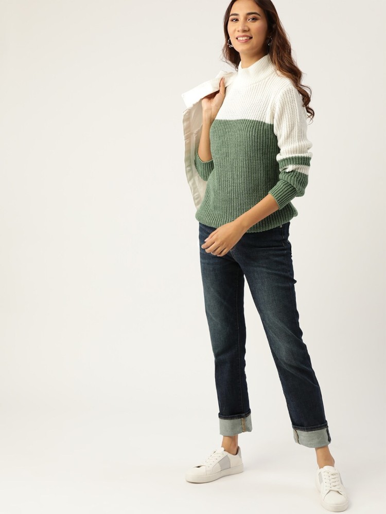 Dressberry Self Design Round Neck Casual Women Dark Green Sweater