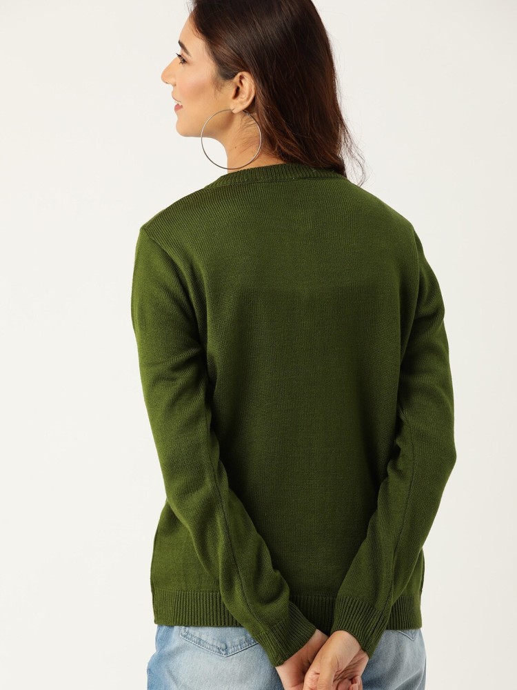 Dressberry Self Design Round Neck Casual Women Dark Green Sweater