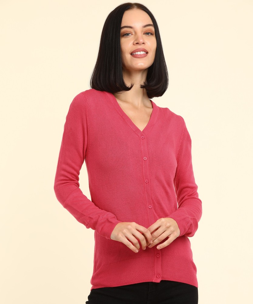 Annabelle by Pantaloons Solid V Neck Casual Women Pink Sweater