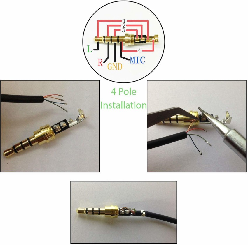 3.5mm 4Pole Metal Earphone Soldering Jack Audio Male Plug AUX Pin