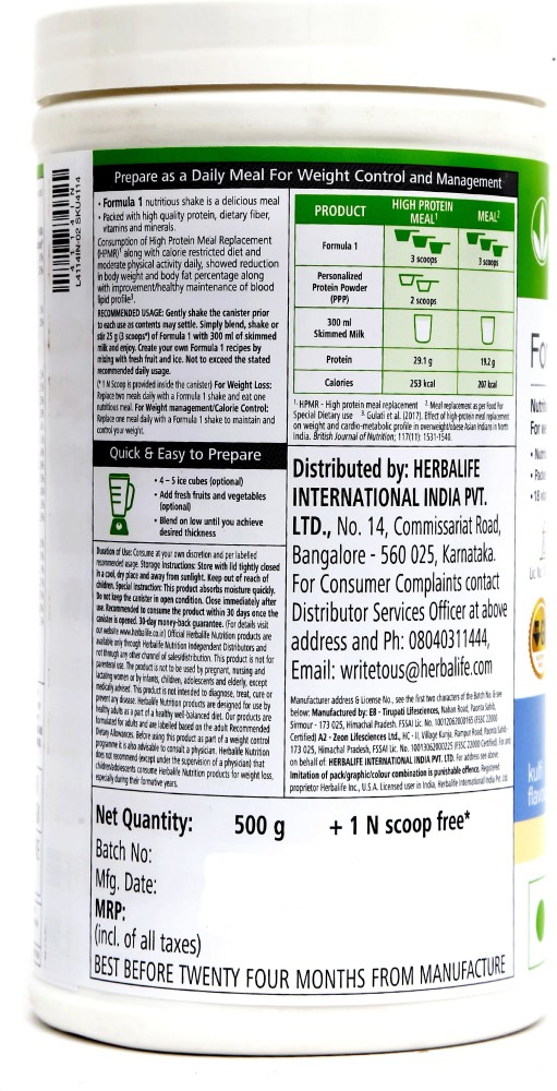 Powder Herbalife Formula One Nutritional Kulfi Shake Mix, Packaging Size:  500 Gm, Packaging Type: Jar