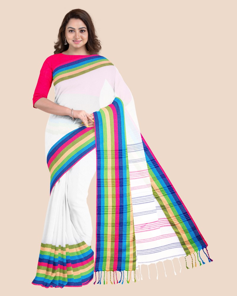 Buy Look And Adorn Woven Handloom Pure Cotton White Sarees Online @ Best  Price In India