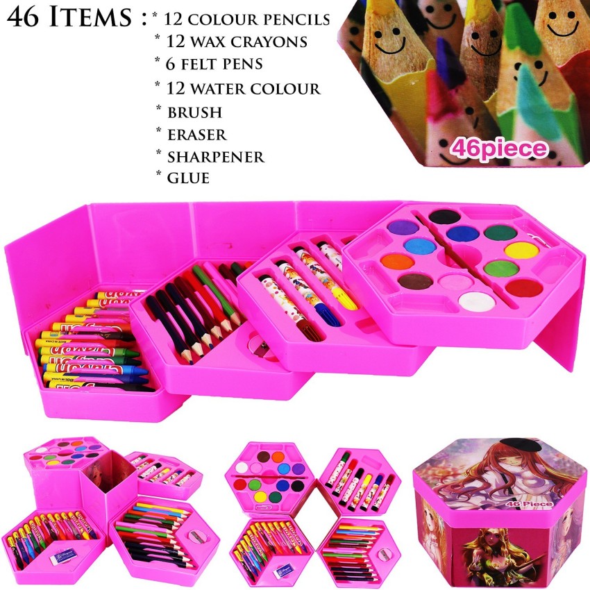 ADN 46 Pcs Drawing Set for Kids ,Set with Color Box, Pencil Colors Crayons  Colors Water Color Sketch Pens Set for Girls (PINK color box)