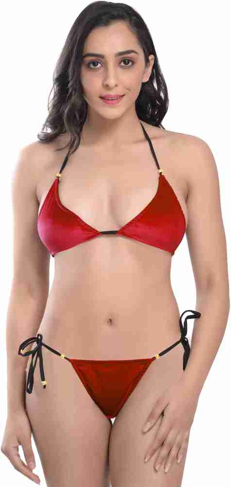 Xs and Os Women Velvet Embellished Bikini Bra Panty Lingerie Set