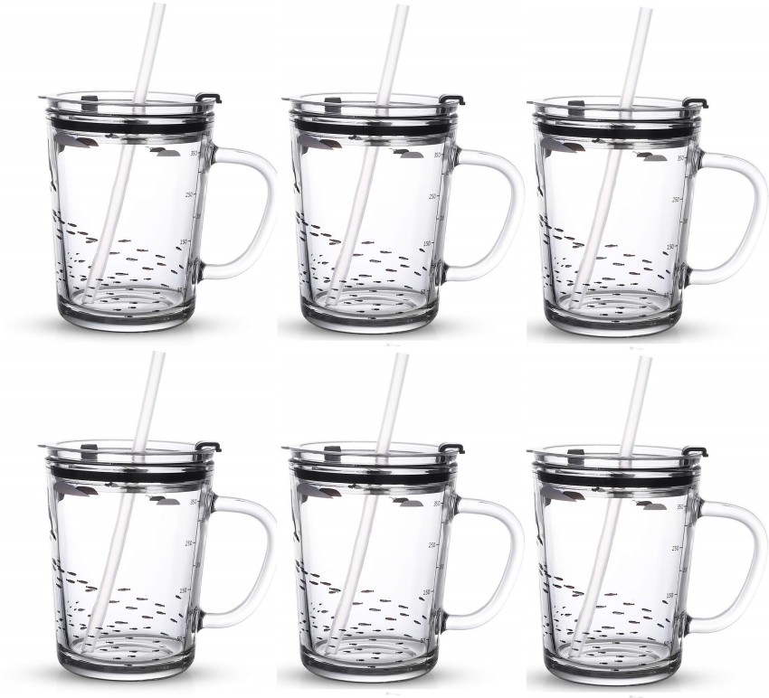 Lexiwells (Pack of 4) Random Design Glass Tumbler with Handle, Clear Lid  with Scale Straw for Multiple Usage Set, Juice Cup, Baby Cup, Milk Mug