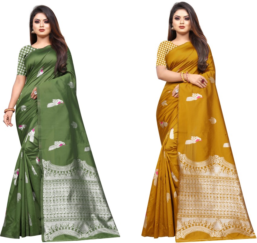 Buy Anand Printed Daily Wear Georgette Dark Green Yellow Sarees Online   Best Price In India  Flipkartcom