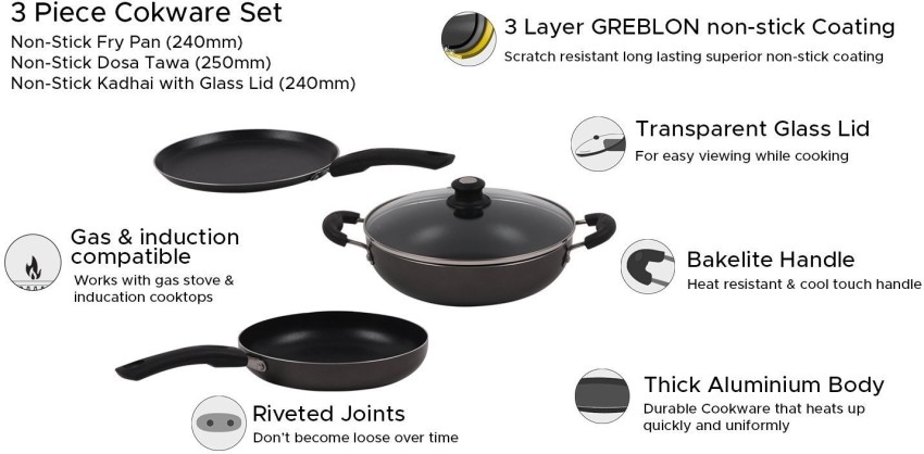 Usha Shriram 3 Piece Set, Non Stick Tawa, Non Stick Kadai