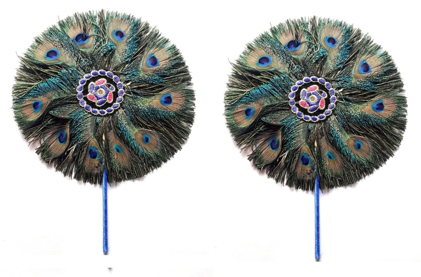 Bhuwar Peacock Feather Hand Fan 2 Pieces 8 inches Size Decorative