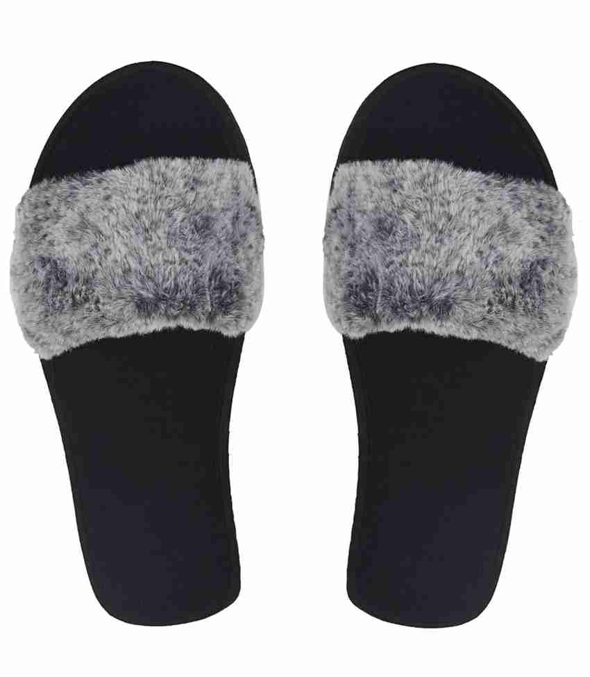 Womens black fluffy sliders best sale