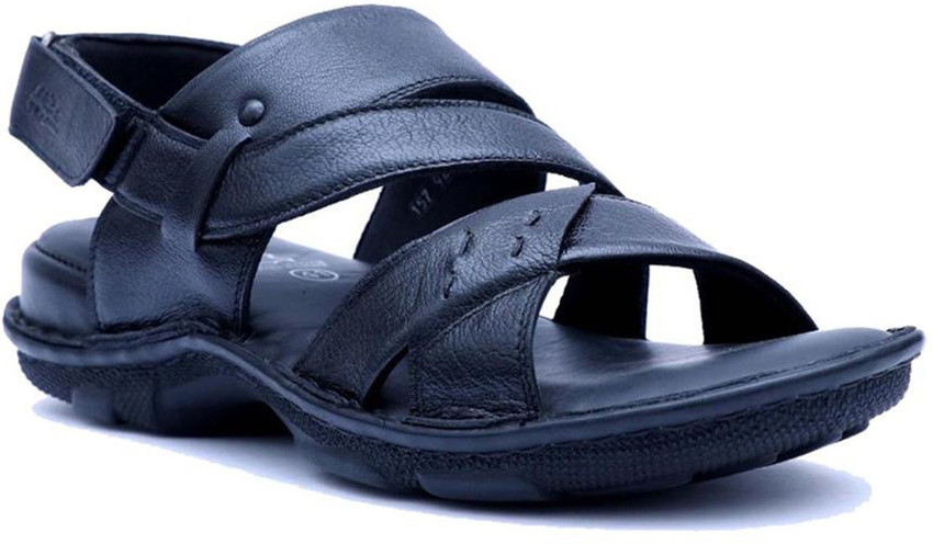 Hitz Black Leather Open Toe Sandals with Velcro Closure Men Black