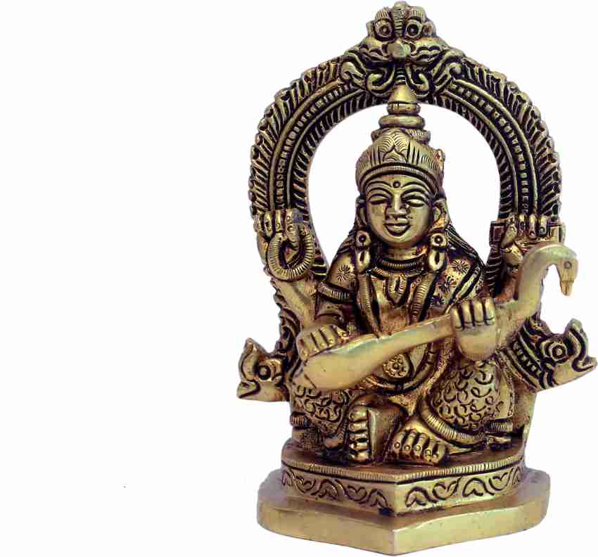 Goddess Saraswati Playing Veena on Singhasan Brass Idol