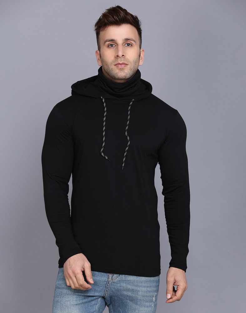 Solid men hooded neck black t shirt clearance