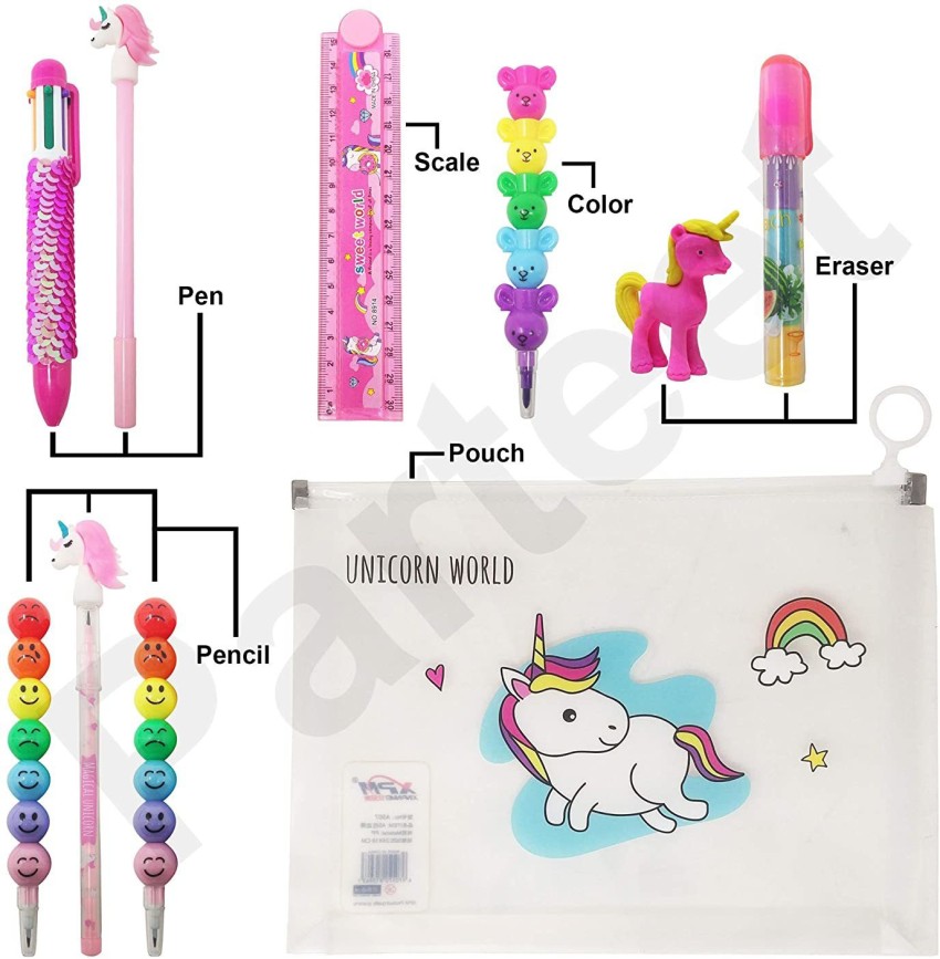 FATFISH Kids (Pack of 10 Items) Stationery Set with Unicorn  Pouch,Fancy Pens,Fancy Pencils,Fancy Erasers,Smily Color and Scale for Kids/Return  gift for kids - Pen