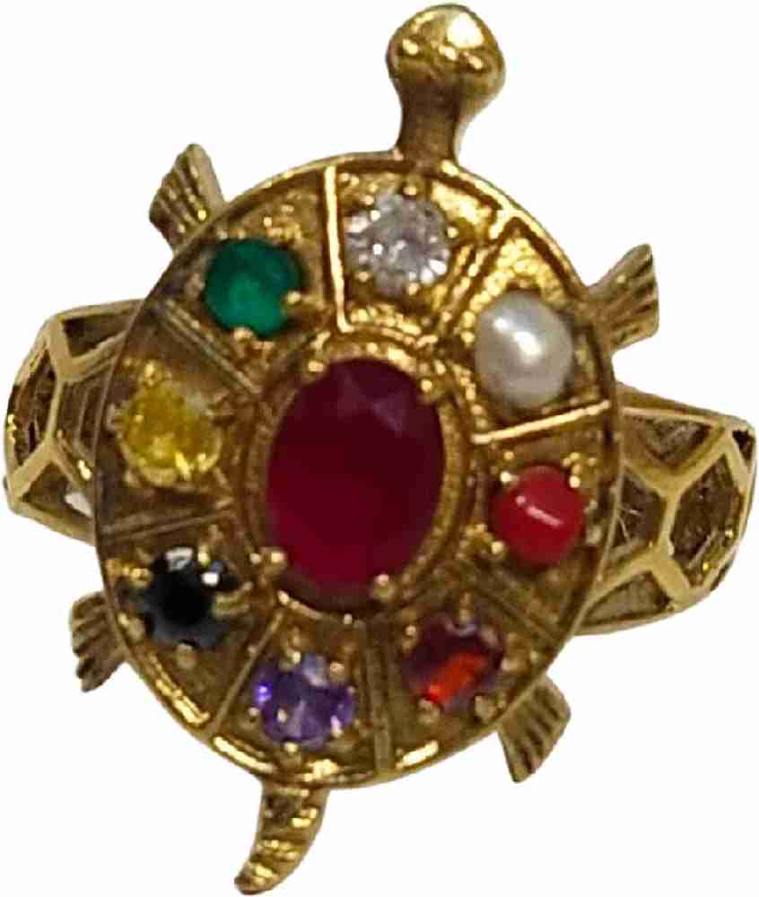 3SIX5 Navratan Kachua Tortoise Meru Ring Gold Plated Navgreh Adjustable Zircon Ring Brass Zircon Ring