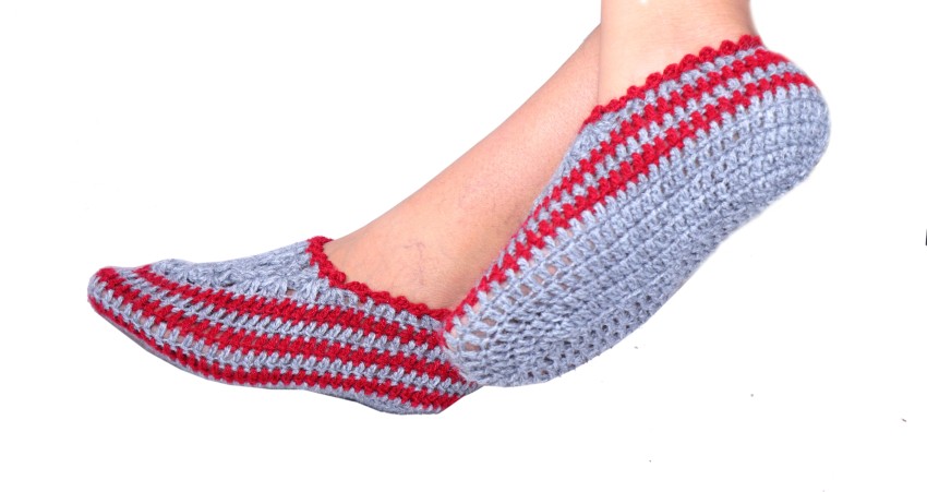 Kreative Women's Handmade Beautiful Soft Woollen Crochet Knitted Socks  (Grey and Red) Women Self Design Low Cut