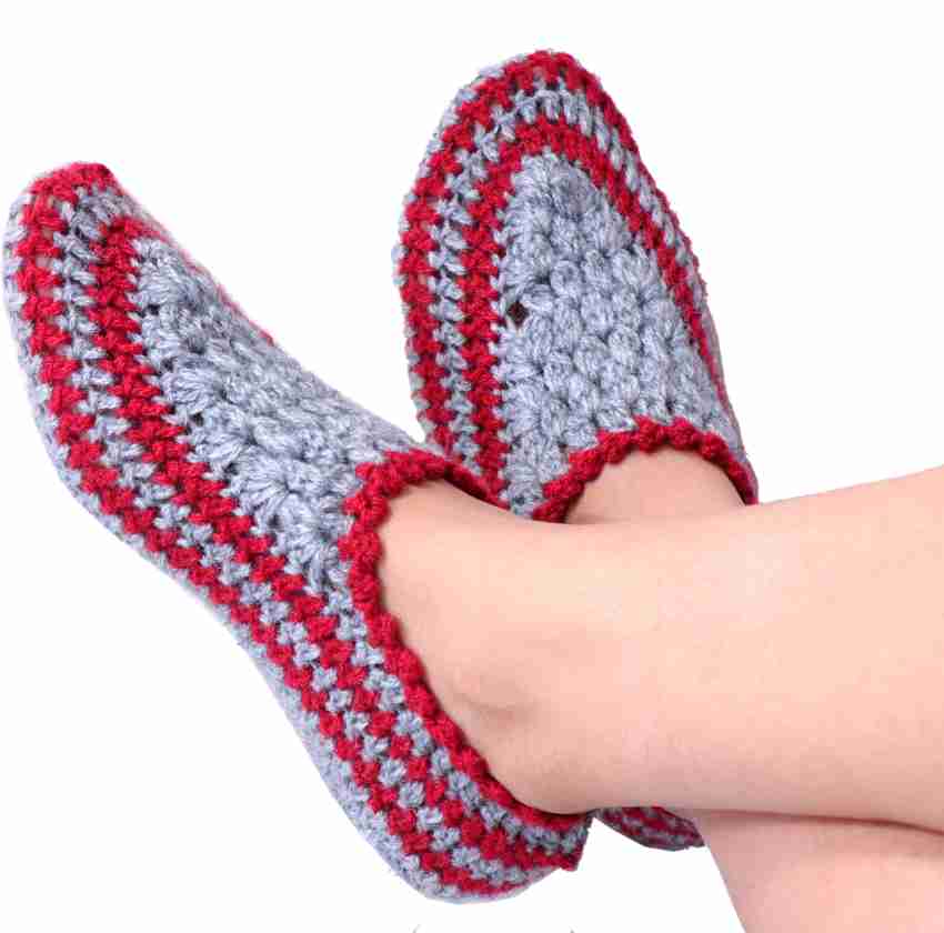 Kreative Women's Handmade Beautiful Soft Woollen Crochet Knitted Socks  (Grey and Red) Women Self Design Low Cut