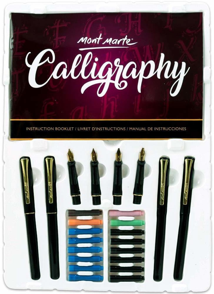 MONT MARTE 2 Nib Calligraphy Set, 8 Piece. Includes 1 Calligraphy Pen, 2  Calligraphy Nibs, 4 Black Ink Cartridges and an Instruction Booklet with