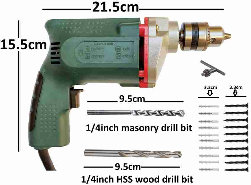 Inditools Heavy duty 10mm Electric Drill Machine 350 W with 1pc 1 4inch Masonry drill bit 10 10 pc Screw Patch and 1pc HSS wood bit set Power Hand