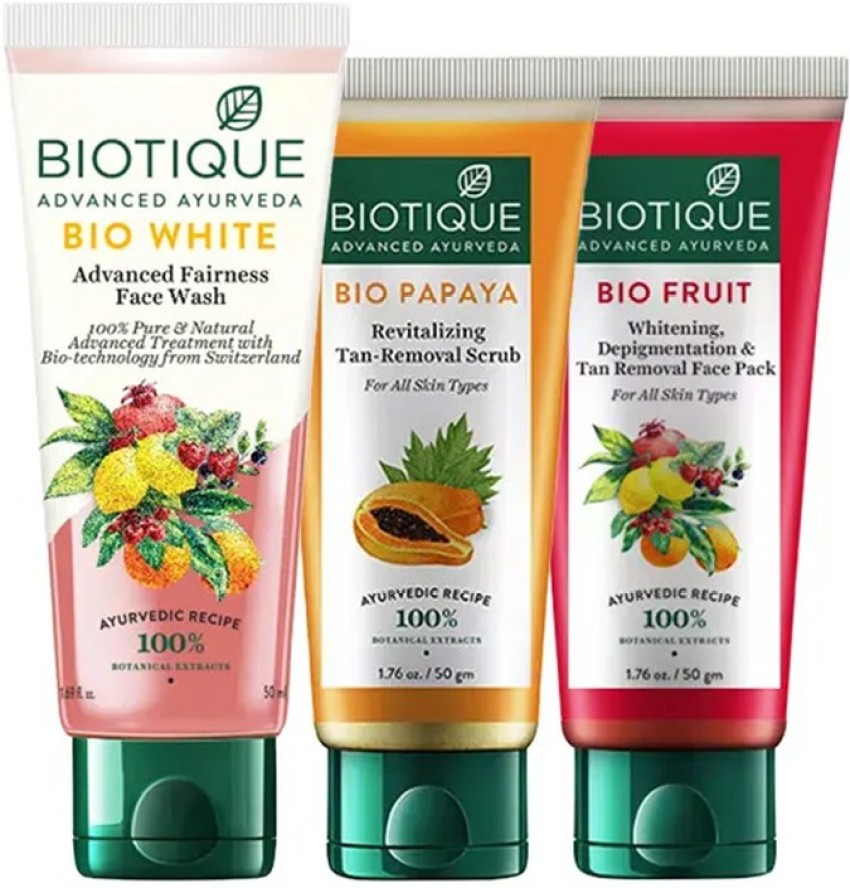 BIOTIQUE BIO WHITE ADVANCE FAIRNESS FACE WASH 100ml BIO PAPAYA TAN REMOVEL SCRUB 100ml BIO FRUIT WHITENING FACE PACK 100ml