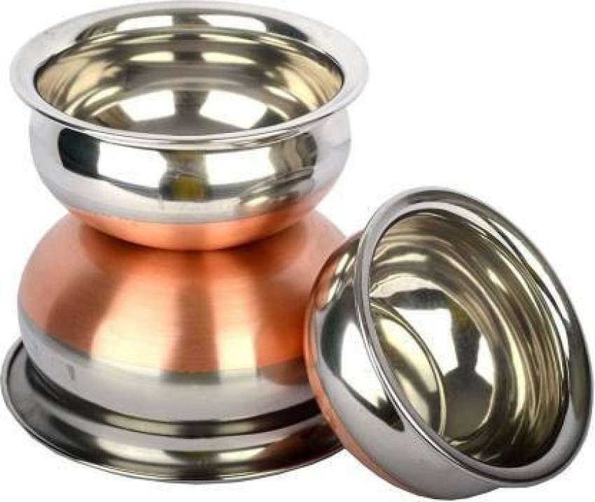 Dinner Set Stainless Steel Copper Bottom Handi Pot Pan 3 Piece Set  Combo/Steel 3 Handi Set ( Induction Bottom)