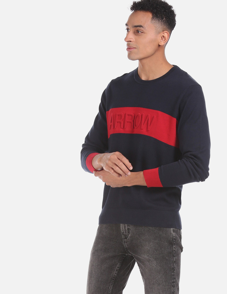 Arrow Sport Checkered Round Neck Casual Men Blue Red Sweater