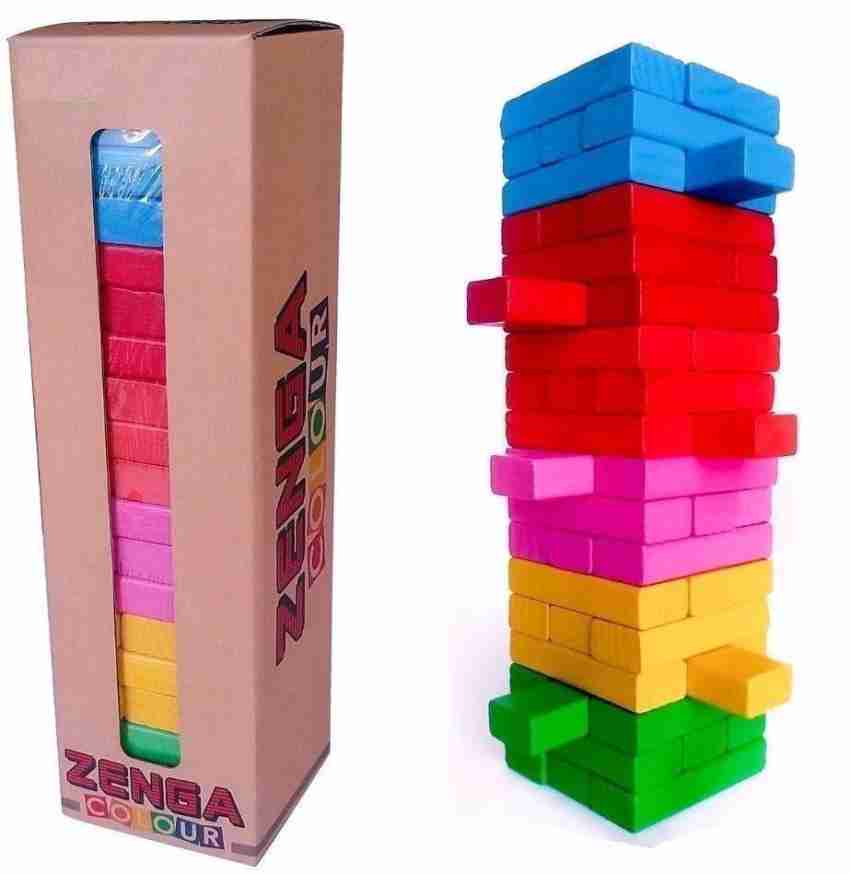 Colored Wooden Building Block Dominoes, Tumbling Tower Game with 2 Dice (48  Pieces)