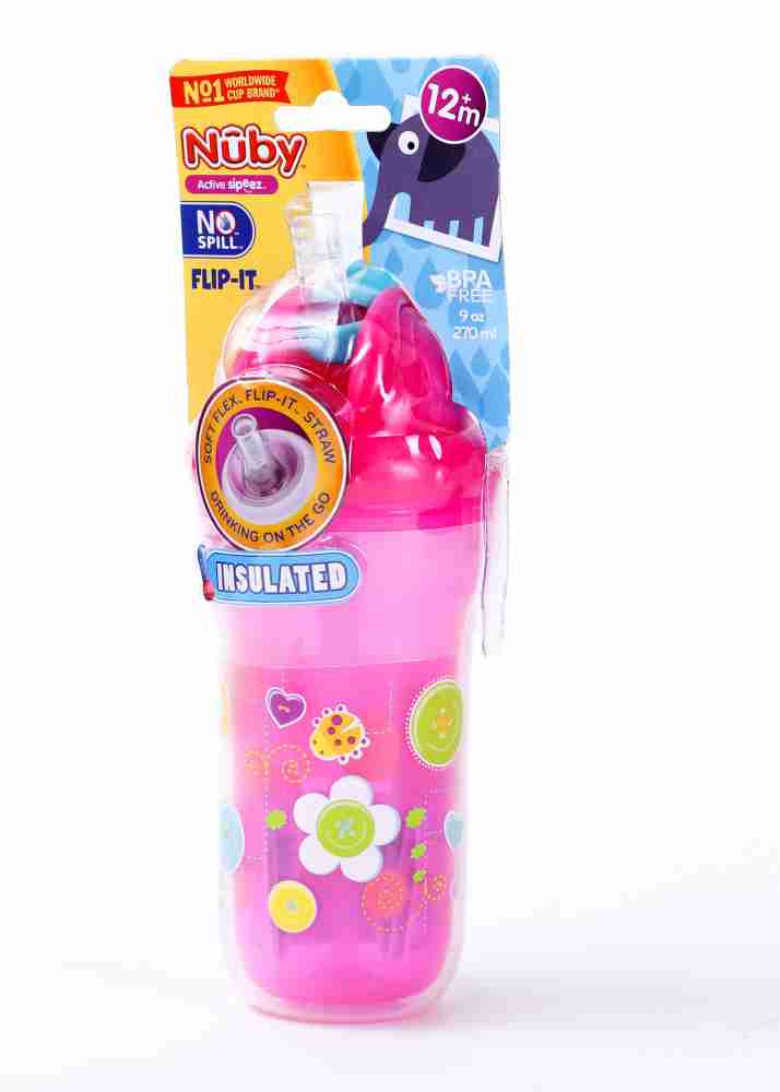 Nuby Printed Kids Pop Up Sipper Water Bottle 3 Pack, 12 oz (Pink, Purple, Aqua)