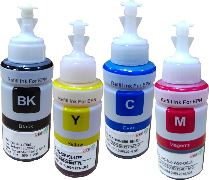 UV Refill Ink Compatible For Epson Printers L100, L110, L130, L200, L210,  L220, L300, L310, L350, L355, L360, L365, L455, L550, L555, L565, L1300  70 ML Each Bottle Multi Color Ink