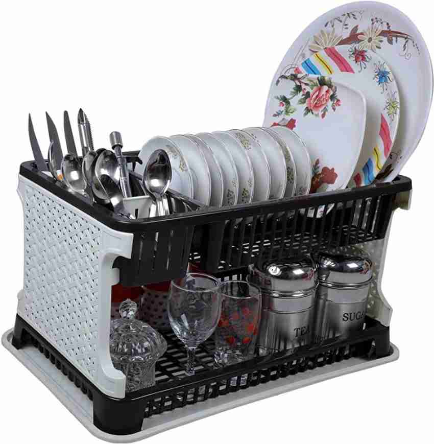 Galaxy 2 Tier Large Dish Drainer Rack Tray Utensil Cutlery Kitchen Plastic