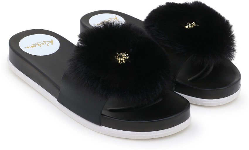 Black fluffy fur slides hot sale