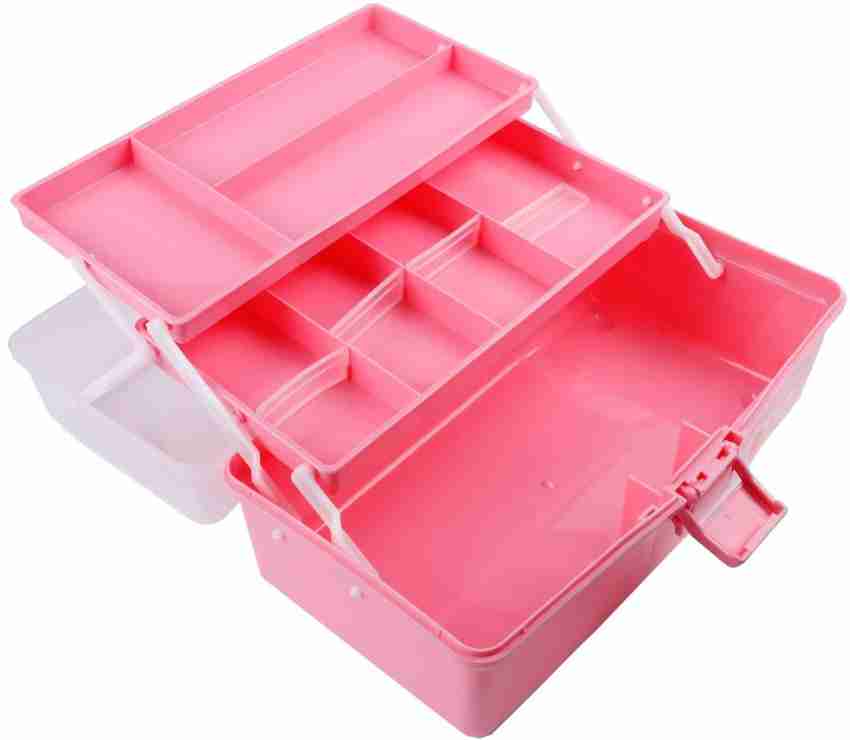 12in Three-Layer Multipurpose Storage Box Organizer Folding Tool Box / Art  & Crafts Case / Sewing Supplies Organizer / Medicine Box / Family First Aid  Box with 2 Trays (Pink) 