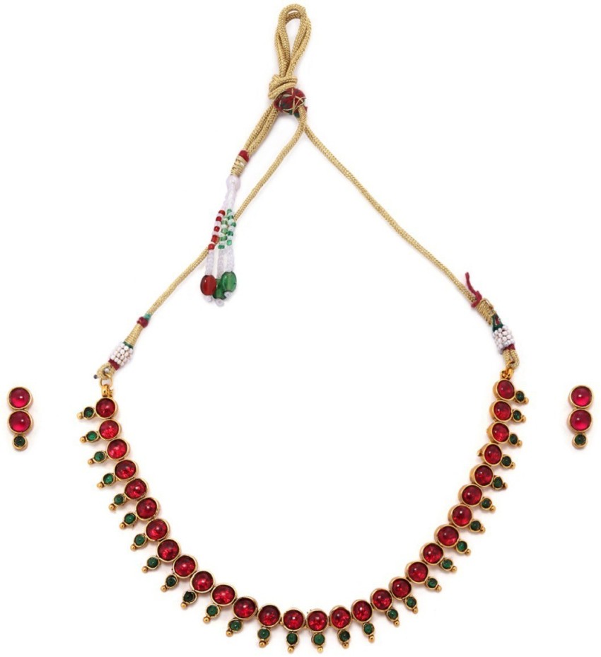 Rubans Gold-Toned Long Necklace Set with Ravishing Red and Green Stone