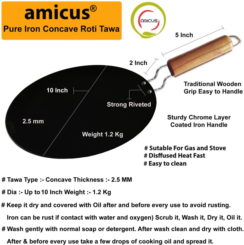 Amicus Kitchen Premium Iron Tawa For Roti Chapati, Concave Iron Tava, 10  Inch, Black 