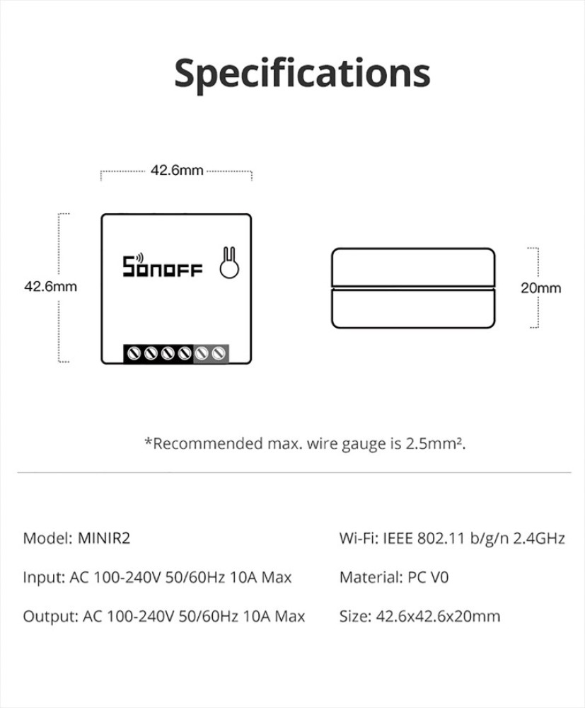 Sonoff Mini R2 - Smart Wifi Switch, 10A 2200W, Alexa, Google