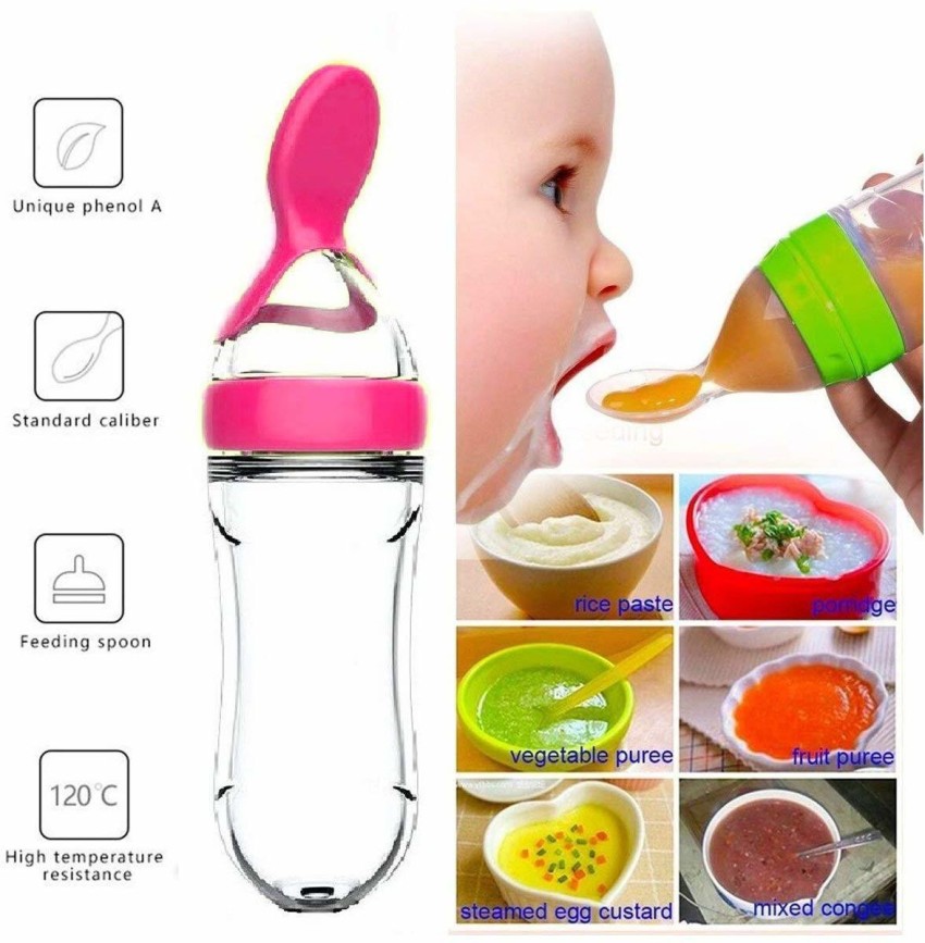 Mix Color Silicone Baby Squeeze Feeding Bottle with Spoon for