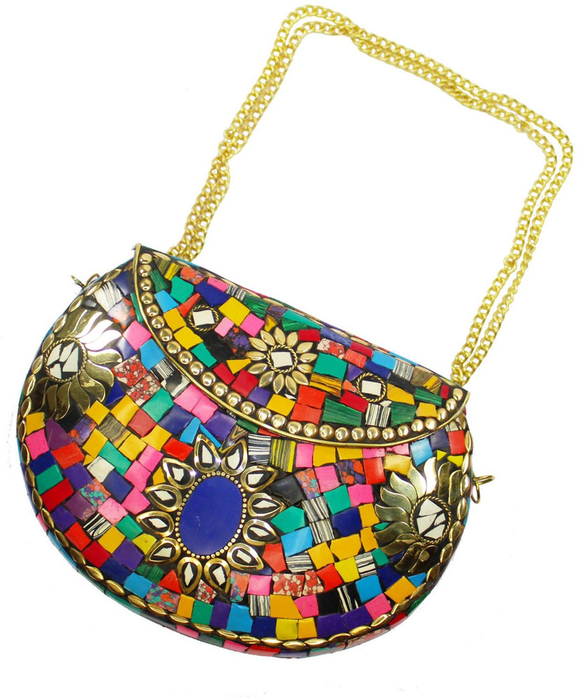 Sei Bella Multicolor Clutch MULTI Colored Antique Vintage Metal Clutch Evening Bag Handcrafted Stone handbag Purse Multi Colored Price in India Flipkart
