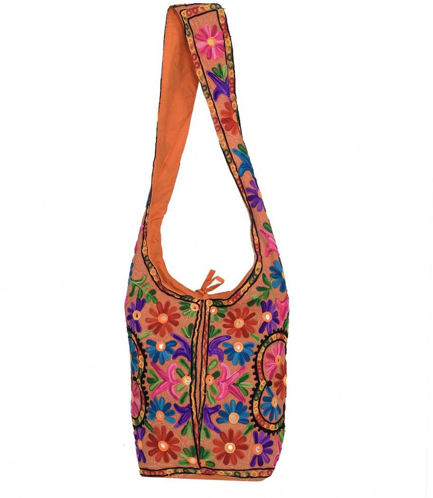 LeeRooy Orange Sling Bag Cotton Jhola Bag rajasthani Embroidery