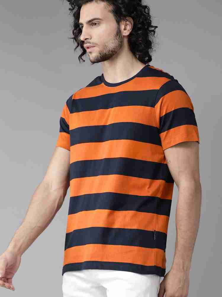 Roadster Men White Black Striped Round Neck Pure Cotton T-shirt